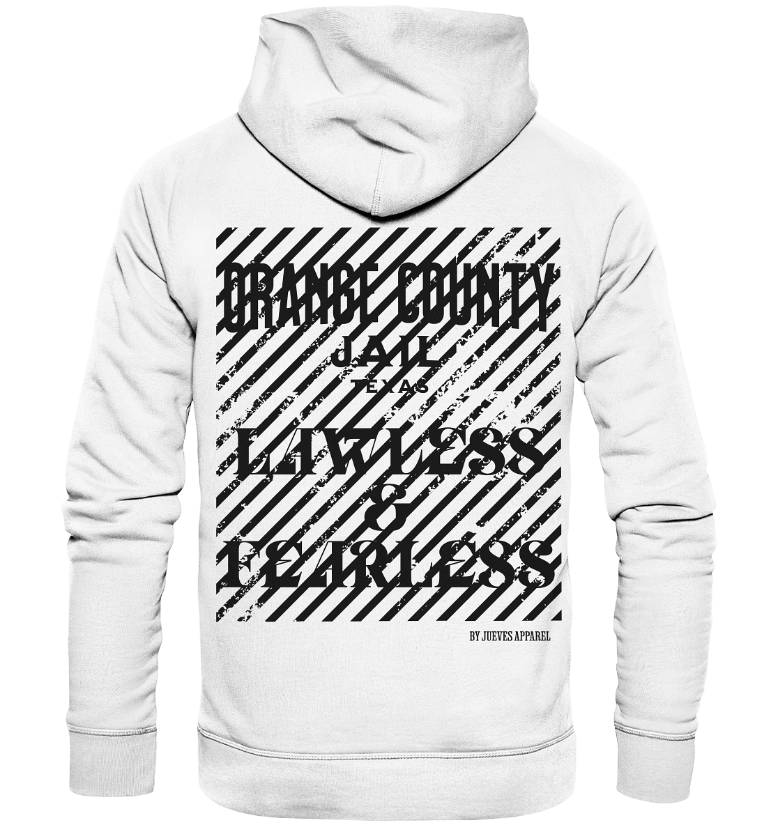 Jueves Apparel Classic Hoodie in weiß mit markantem Rückendruck – urbaner Streetwear-Style aus Bio-Baumwolle
