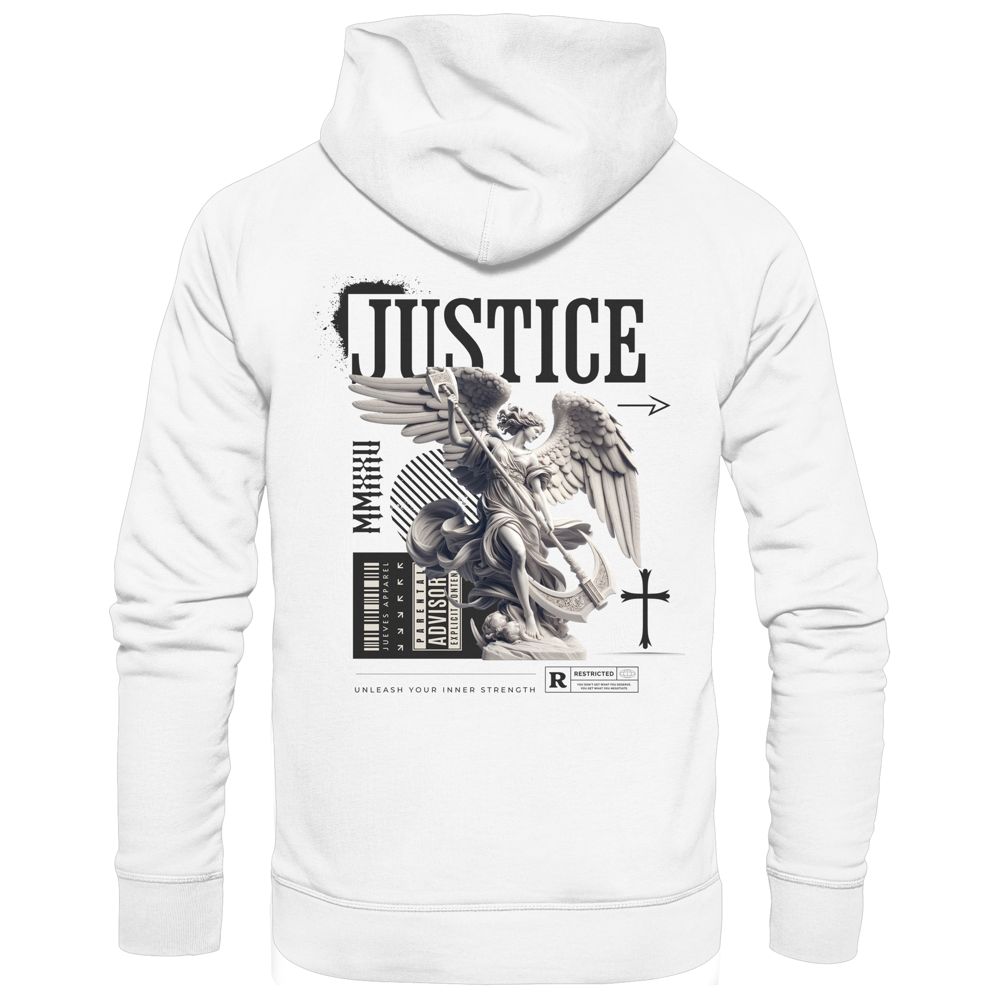 Jueves Apparel Classic Hoodie in weiß mit markantem Rückendruck – urbaner Streetwear-Style aus Bio-Baumwolle
