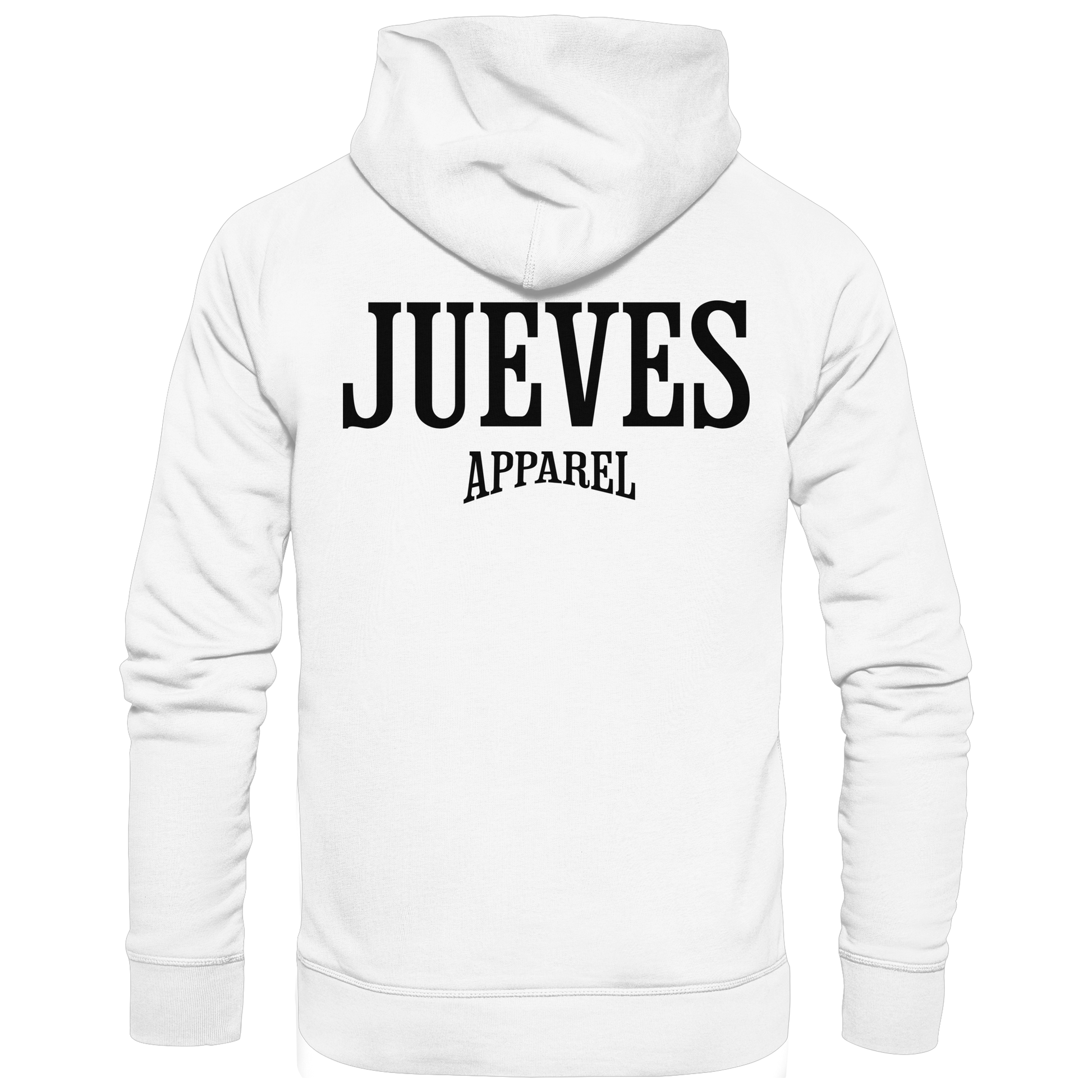 Jueves Apparel Classic Hoodie in weiß mit markantem Rückendruck – urbaner Streetwear-Style aus Bio-Baumwolle