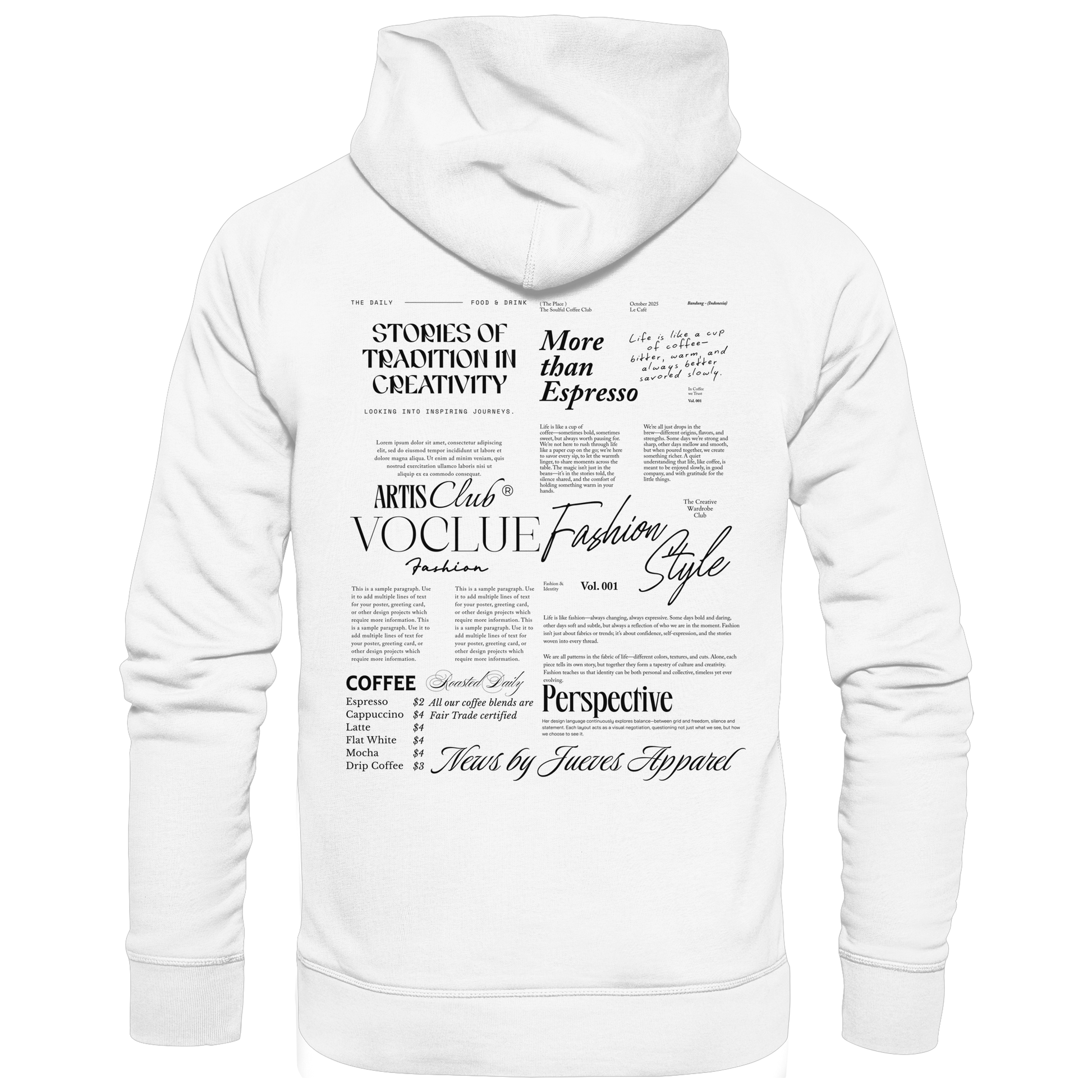 Jueves Apparel Classic Hoodie in weiß mit markantem Rückendruck – urbaner Streetwear-Style aus Bio-Baumwolle