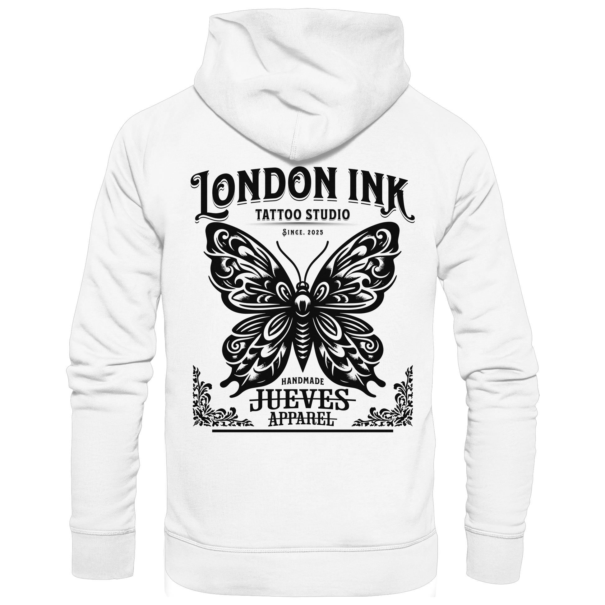 Rückansicht eines beigen klassischen Hoodies von Jueves Apparel aus 100 % Baumwolle, 350 g/m² – markanter Rückendruck und urbaner Streetwear-Look mit modernem Schnitt.