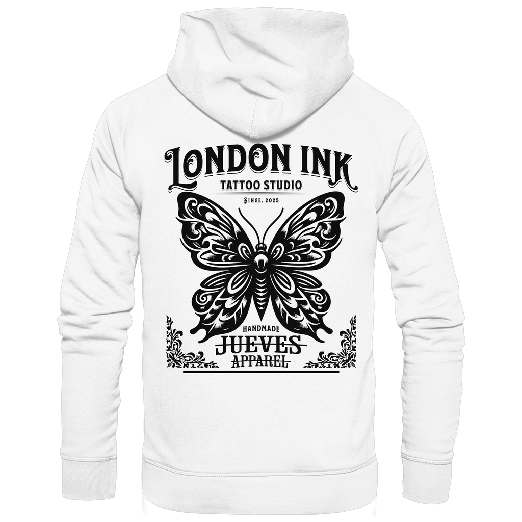 Rückansicht eines beigen klassischen Hoodies von Jueves Apparel aus 100 % Baumwolle, 350 g/m² – markanter Rückendruck und urbaner Streetwear-Look mit modernem Schnitt. 