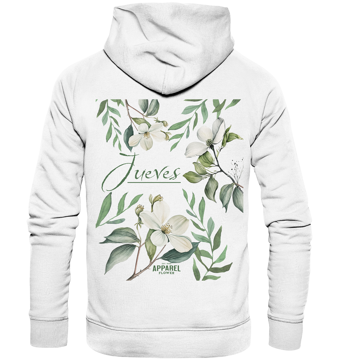 Jueves Apparel Classic Hoodie in weiß mit markantem Rückendruck – urbaner Streetwear-Style aus Bio-Baumwolle