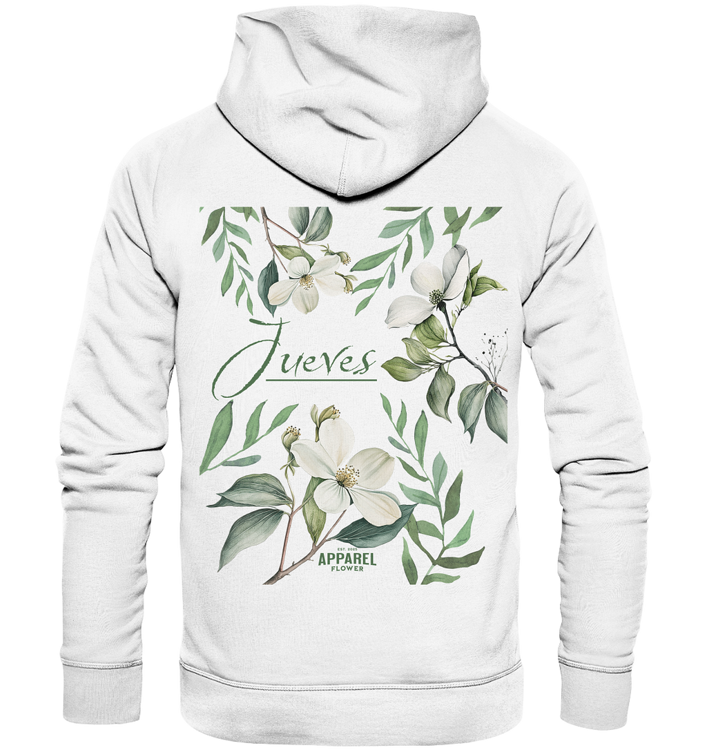 Jueves Apparel Classic Hoodie in weiß mit markantem Rückendruck – urbaner Streetwear-Style aus Bio-Baumwolle