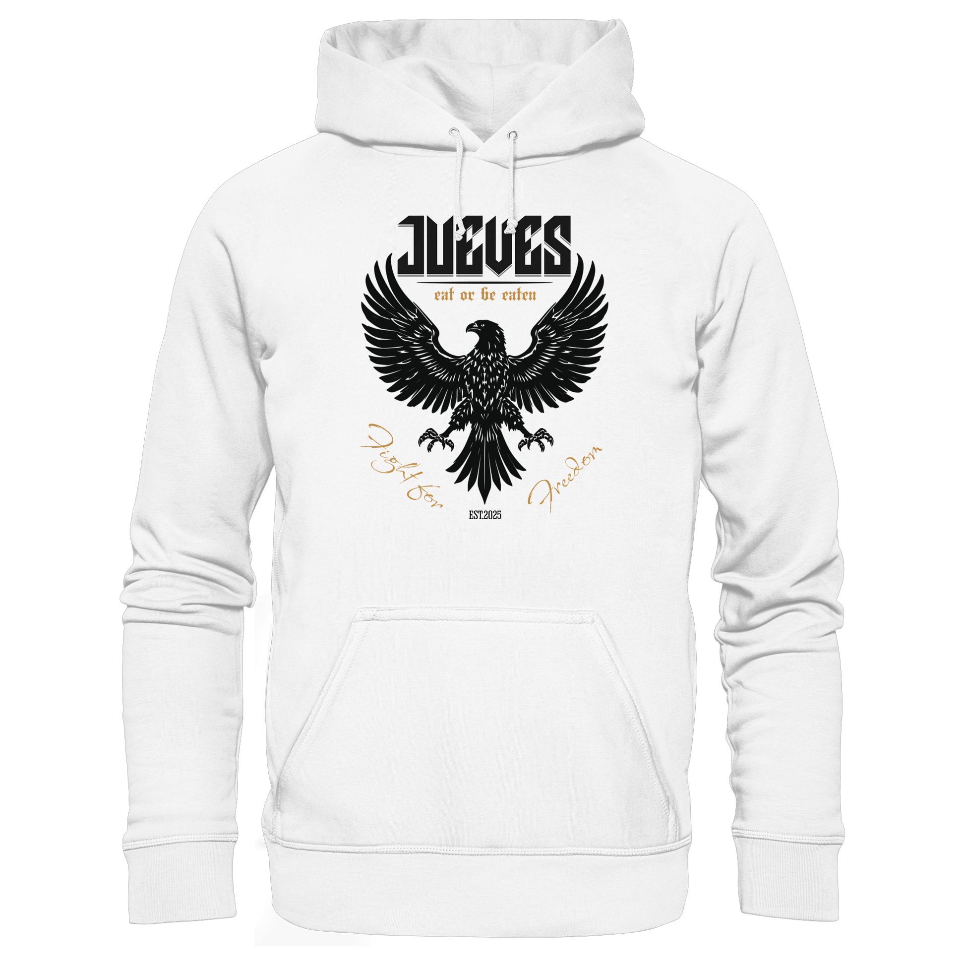 Classic Hoodie von Jueves Apparel in weiß mit Brustdruck – nachhaltiger Streetwear-Look aus 100 % Bio-Baumwolle
