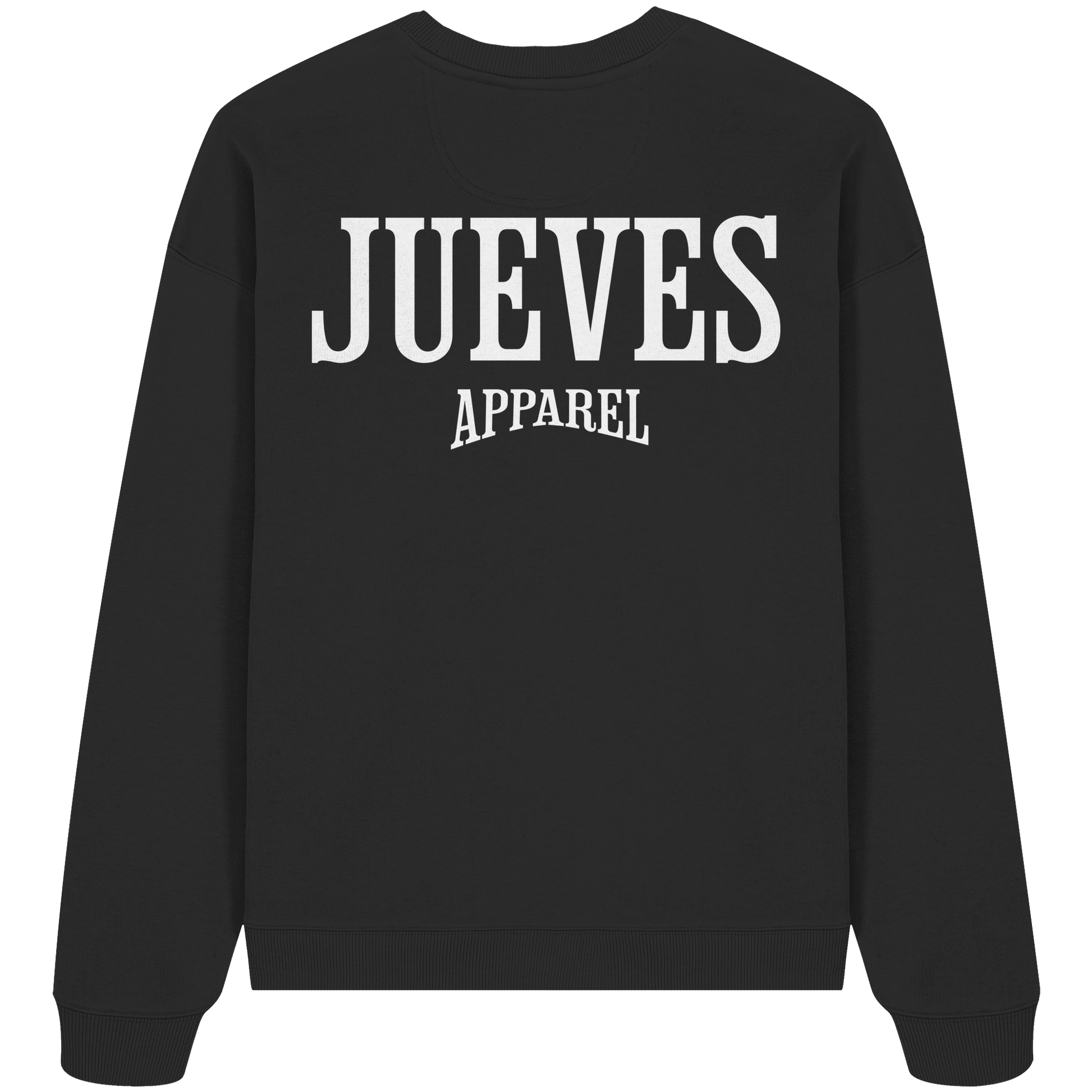Oversized Sweatshirt „White Logo“ in Black von Jueves Apparel aus 100% Baumwolle – auffälliger Rückendruck Schriftzug, moderner Urban Streetwear-Look.