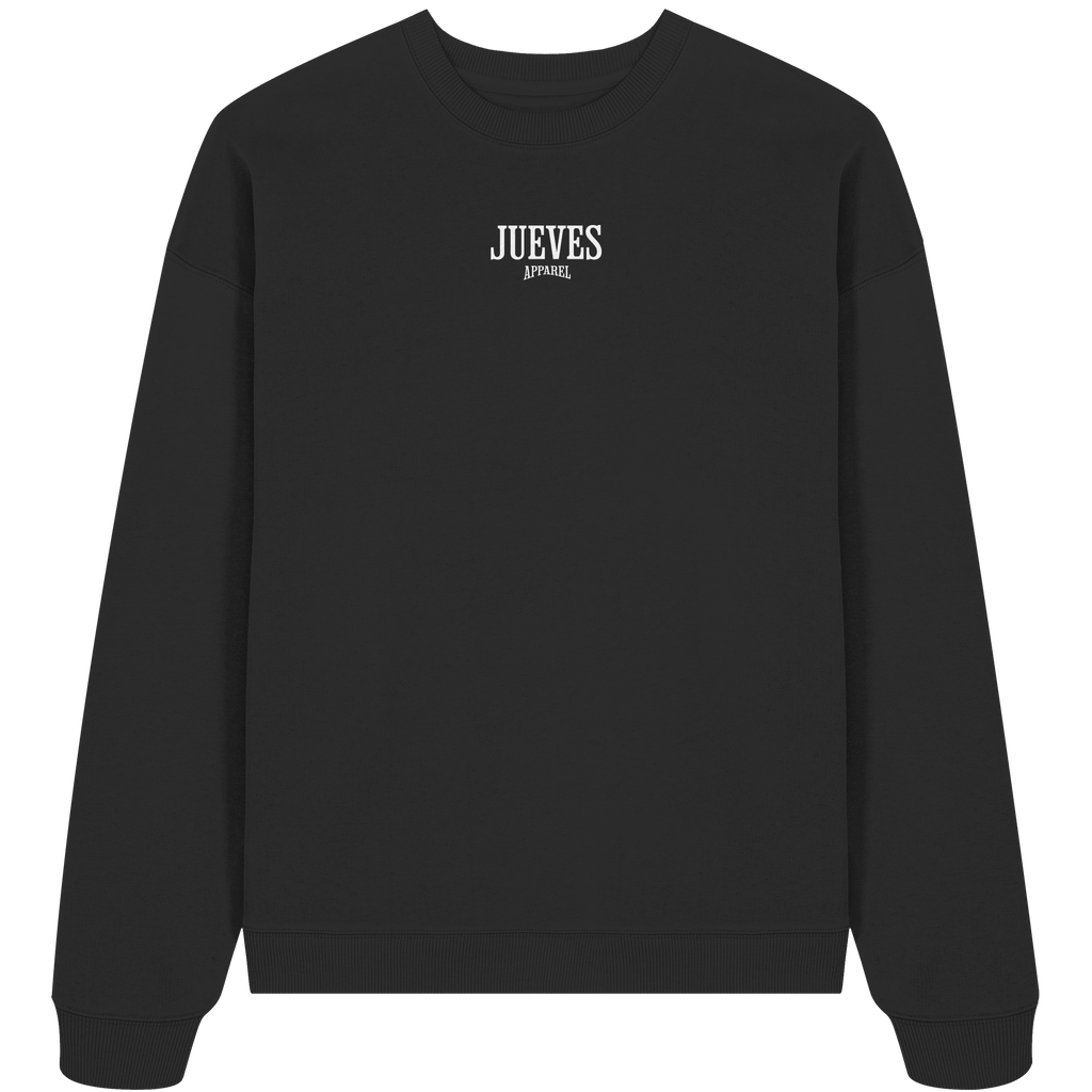 Oversized Sweatshirt „White Logo“ in Black von Jueves Apparel aus 100% Baumwolle – auffälliger Brustdruck Schriftzug, moderner Urban Streetwear-Look.