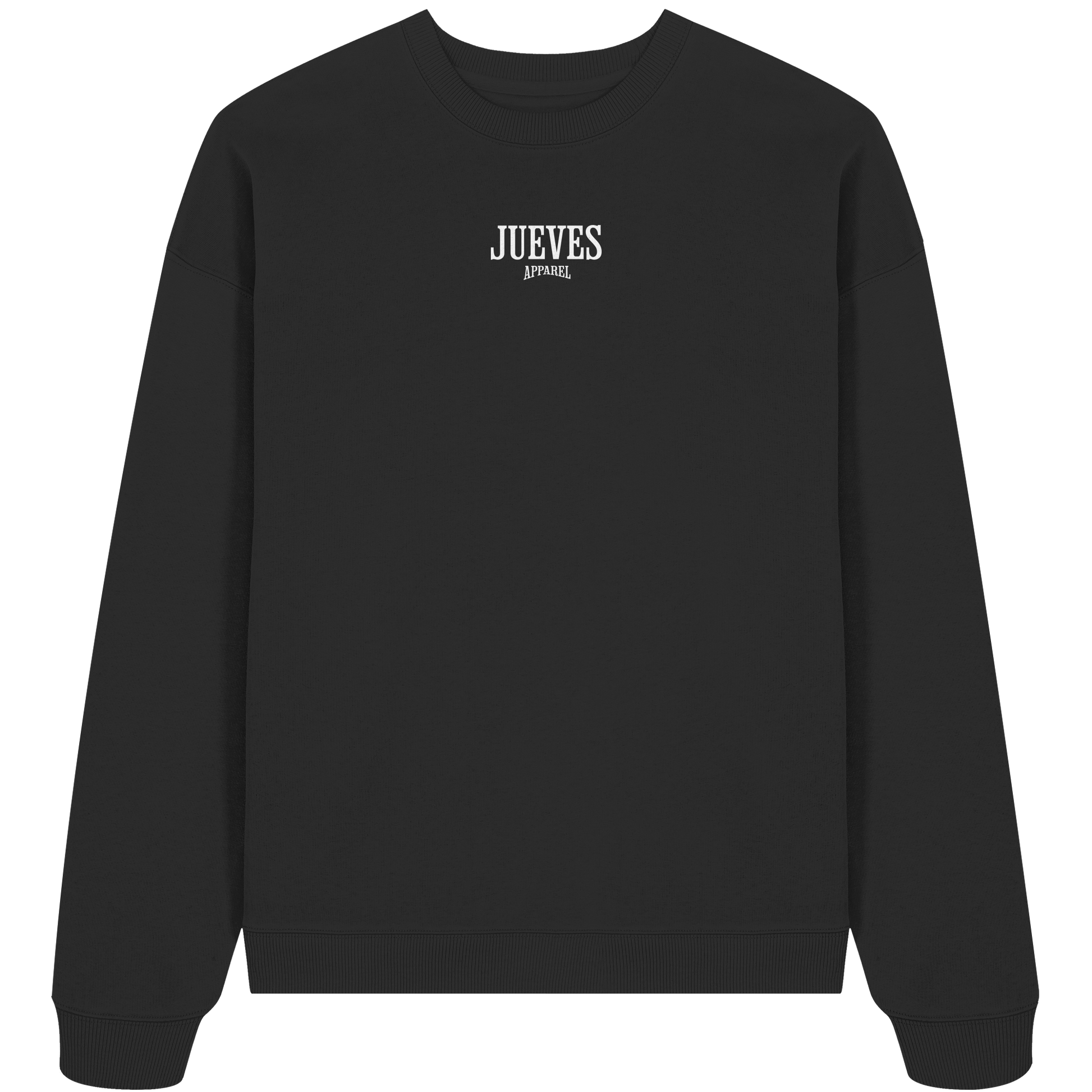 Oversized Sweatshirt „White Logo“ in Black von Jueves Apparel aus 100% Baumwolle – auffälliger Brustdruck Schriftzug, moderner Urban Streetwear-Look.