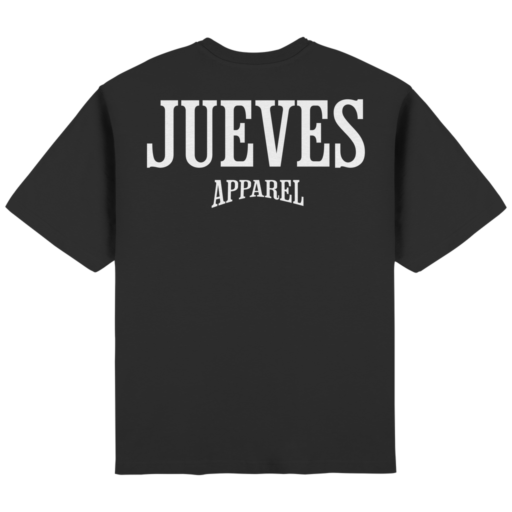 Streetwear Oversized T-Shirt „White Logo“ in Black von Jueves Apparel aus 100 % Baumwolle – auffälliger Rückendruck Logodesign, moderner Urban Streetstyle-Look.