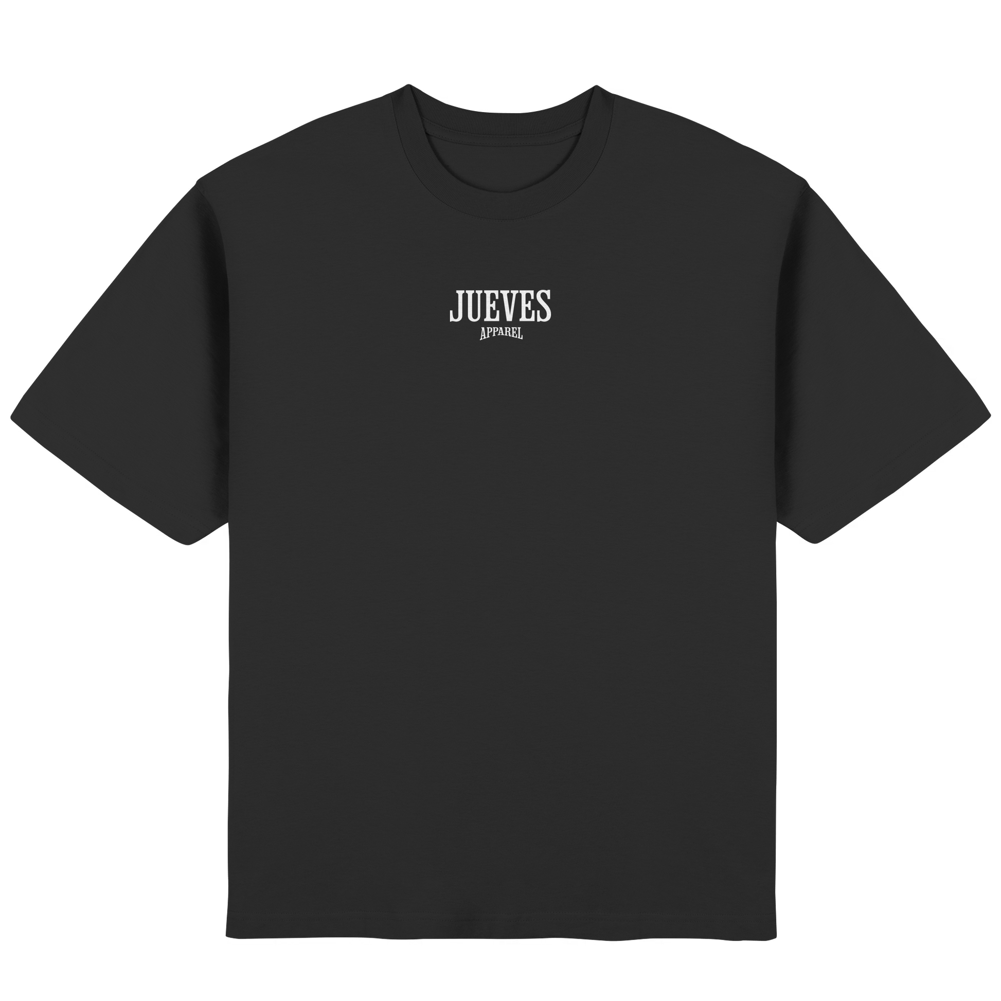 Streetwear Oversized T-Shirt „White Logo“ in Black von Jueves Apparel aus 100 % Baumwolle – auffälliger Brustdruck Logodesign, moderner Urban Streetstyle-Look.