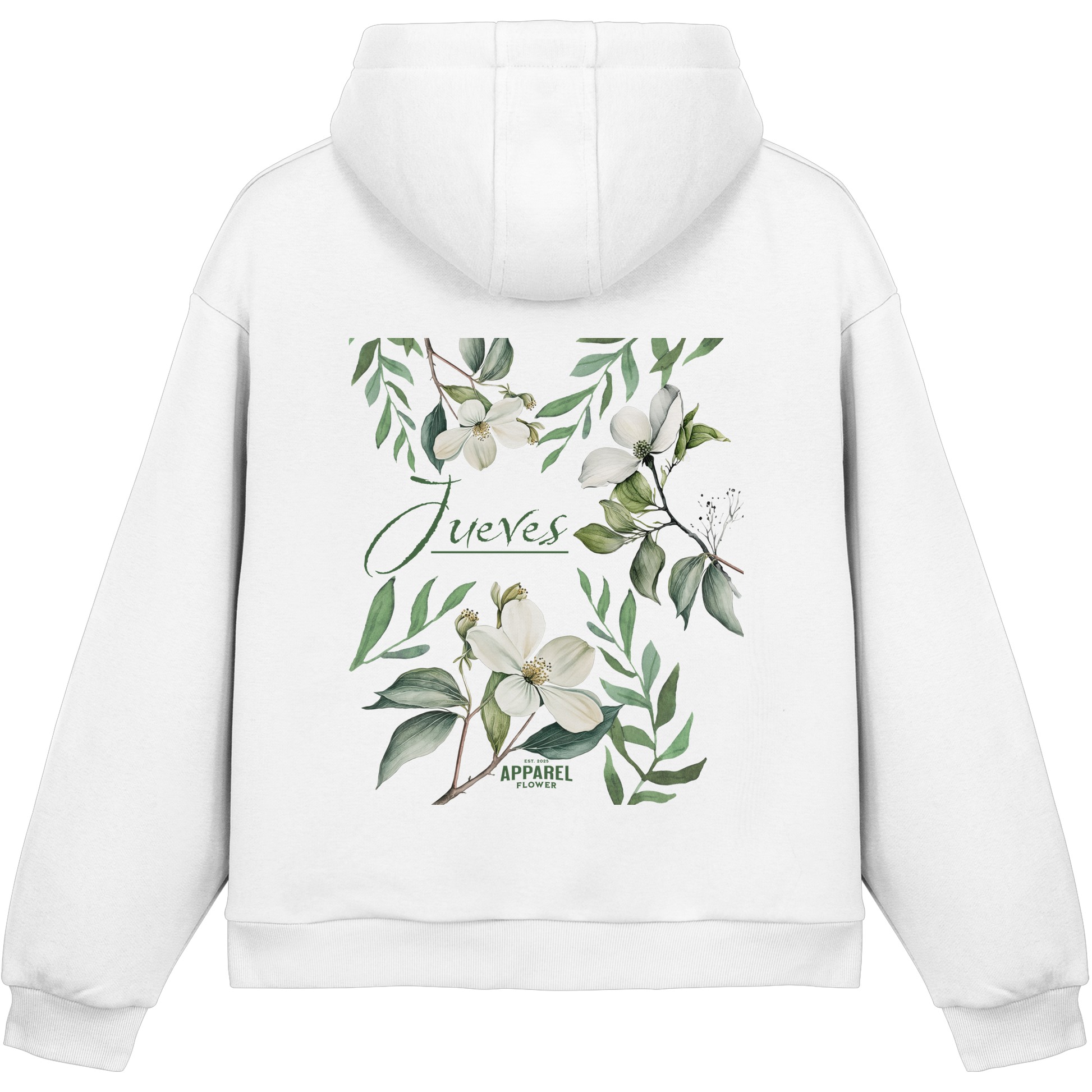 weißer Jueves Apparel Oversized Boxcut Hoodie mit markantem Rückendruck – urbaner Streetwear-Style aus Baumwolle