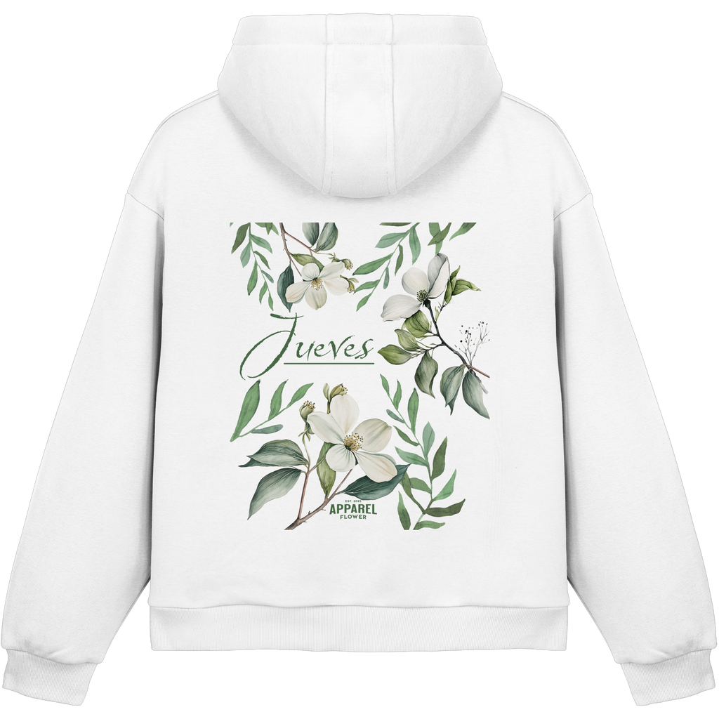 weißer Jueves Apparel Oversized Boxcut Hoodie mit markantem Rückendruck – urbaner Streetwear-Style aus Baumwolle