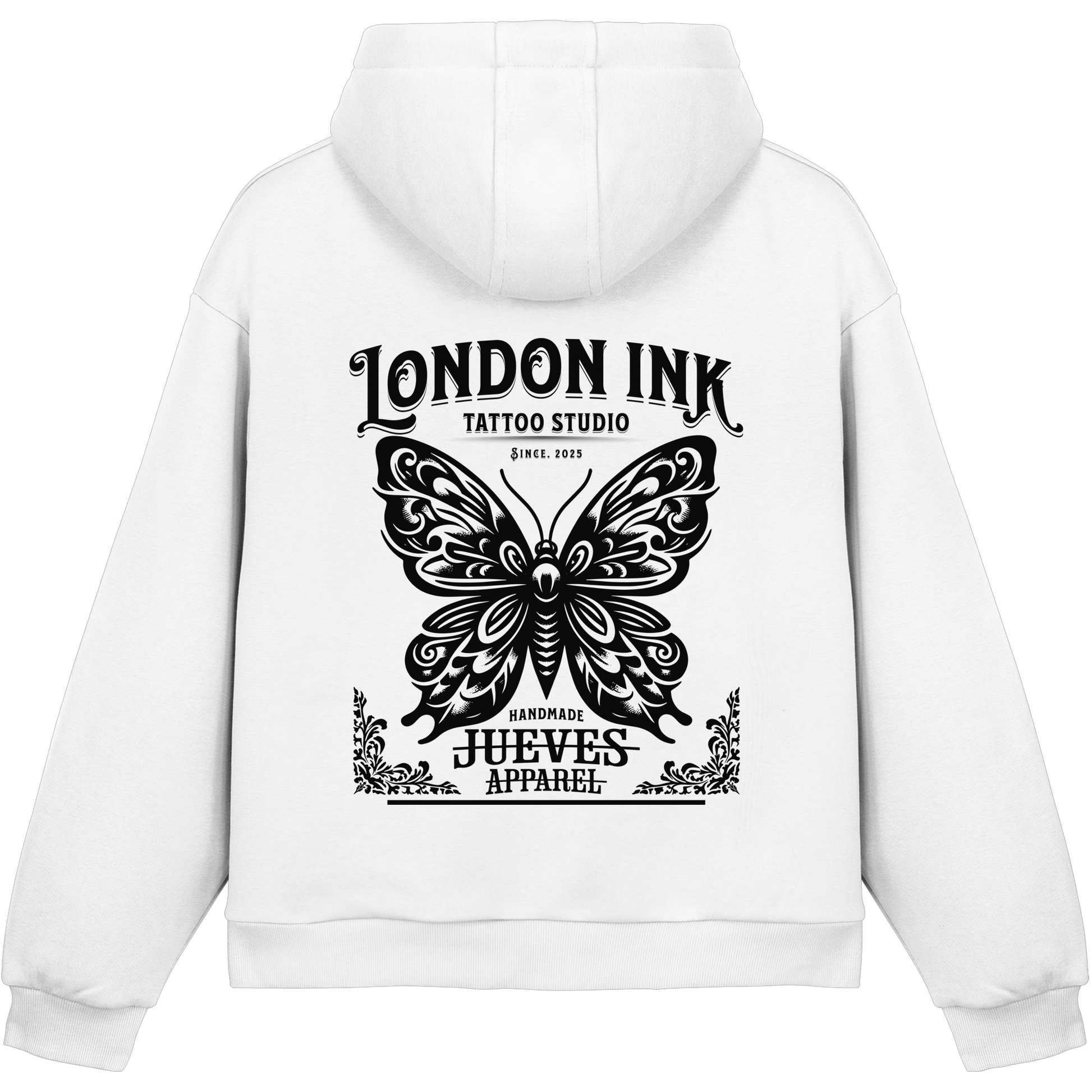 weißer Jueves Apparel Oversized Boxcut Hoodie mit markantem Rückendruck – urbaner Streetwear-Style aus Baumwolle