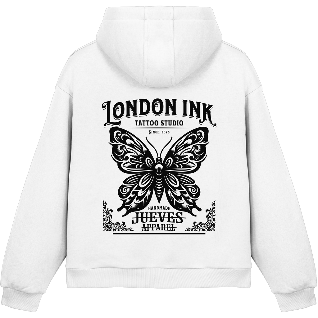 weißer Jueves Apparel Oversized Boxcut Hoodie mit markantem Rückendruck – urbaner Streetwear-Style aus Baumwolle
