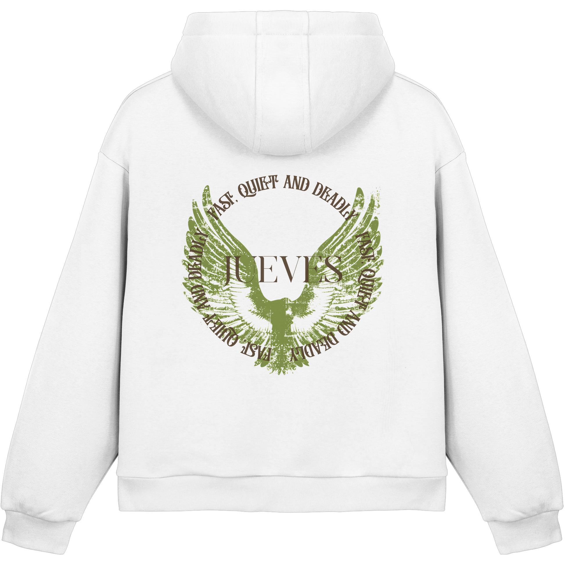 weißer Jueves Apparel Oversized Boxcut Hoodie mit markantem Rückendruck – urbaner Streetwear-Style aus Baumwolle