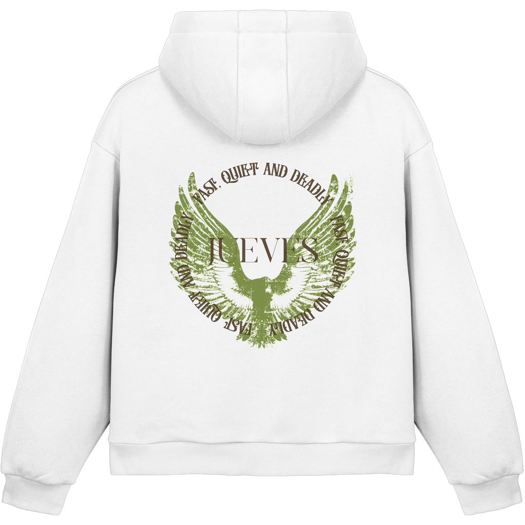 weißer Jueves Apparel Oversized Boxcut Hoodie mit markantem Rückendruck – urbaner Streetwear-Style aus Baumwolle