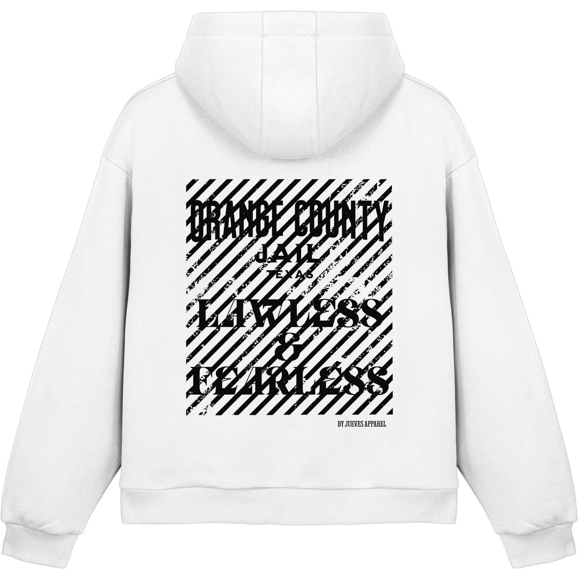 weißer Jueves Apparel Oversized Boxcut Hoodie mit markantem Rückendruck – urbaner Streetwear-Style aus Baumwolle