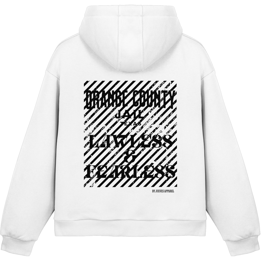 weißer Jueves Apparel Oversized Boxcut Hoodie mit markantem Rückendruck – urbaner Streetwear-Style aus Baumwolle