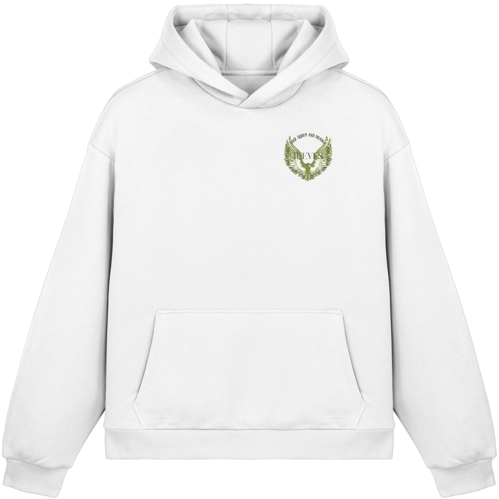 weißer Oversized Boxcut Hoodie von Jueves Apparel mit Brustdruck – nachhaltige Streetwear aus 70% Baumwolle