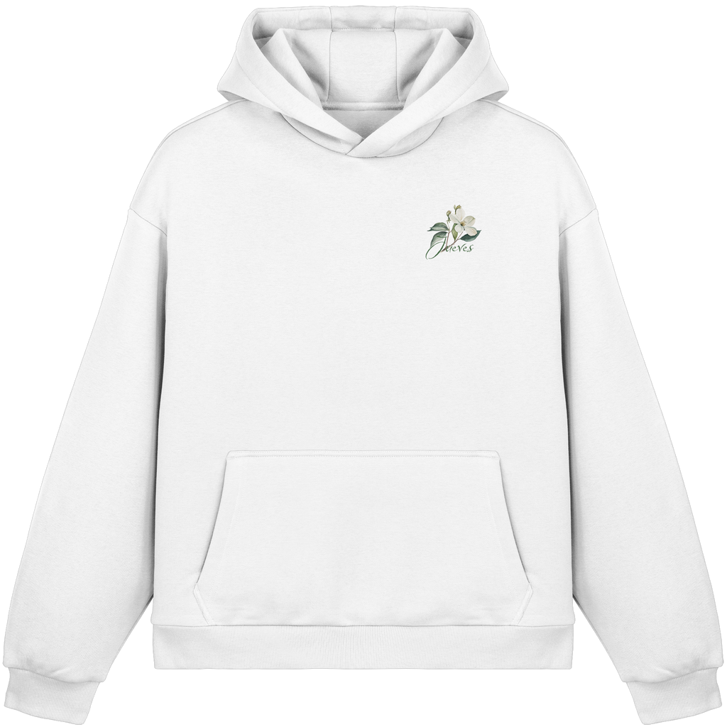 weißer Oversized Boxcut Hoodie von Jueves Apparel mit Brustdruck – nachhaltige Streetwear aus 70% Baumwolle