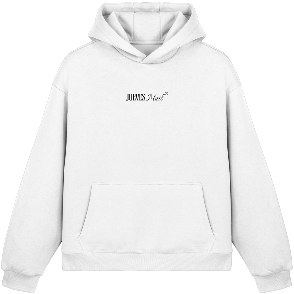 weißer Oversized Boxcut Hoodie von Jueves Apparel mit Brustdruck – nachhaltige Streetwear aus 70% Baumwolle