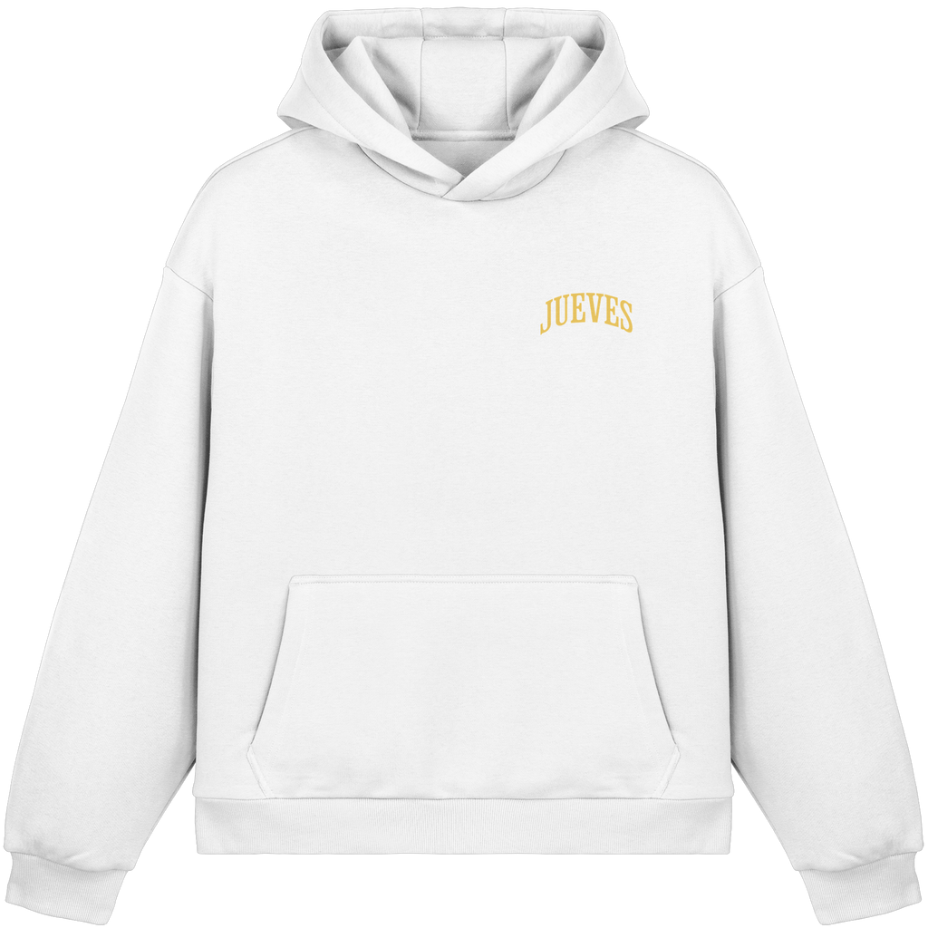 Frontansicht des weißen oversized Boxcut Hoodies von Jueves Apparel mit oversized Schnitt, Druck auf der Brust– Streetwear aus 100 % Bio-Baumwolle, 220 g/m² Stoffgewicht.