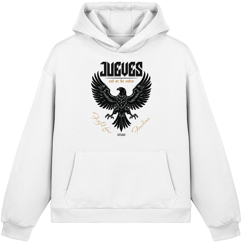 weißer Oversized Boxcut Hoodie von Jueves Apparel mit Brustdruck – nachhaltige Streetwear aus 70% Baumwolle