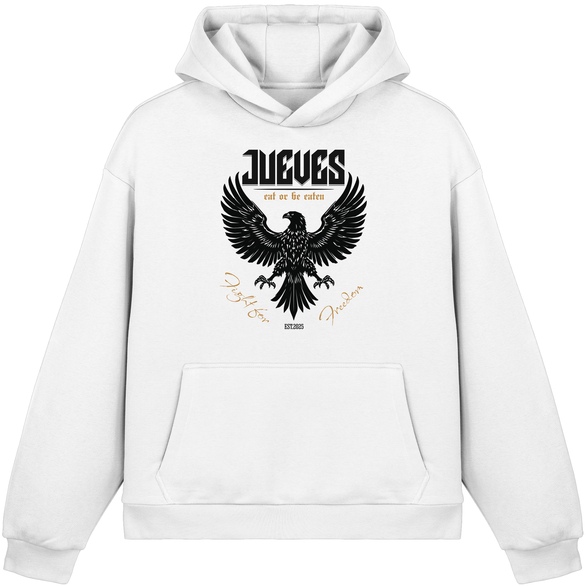 weißer Oversized Boxcut Hoodie von Jueves Apparel mit Brustdruck – nachhaltige Streetwear aus 70% Baumwolle