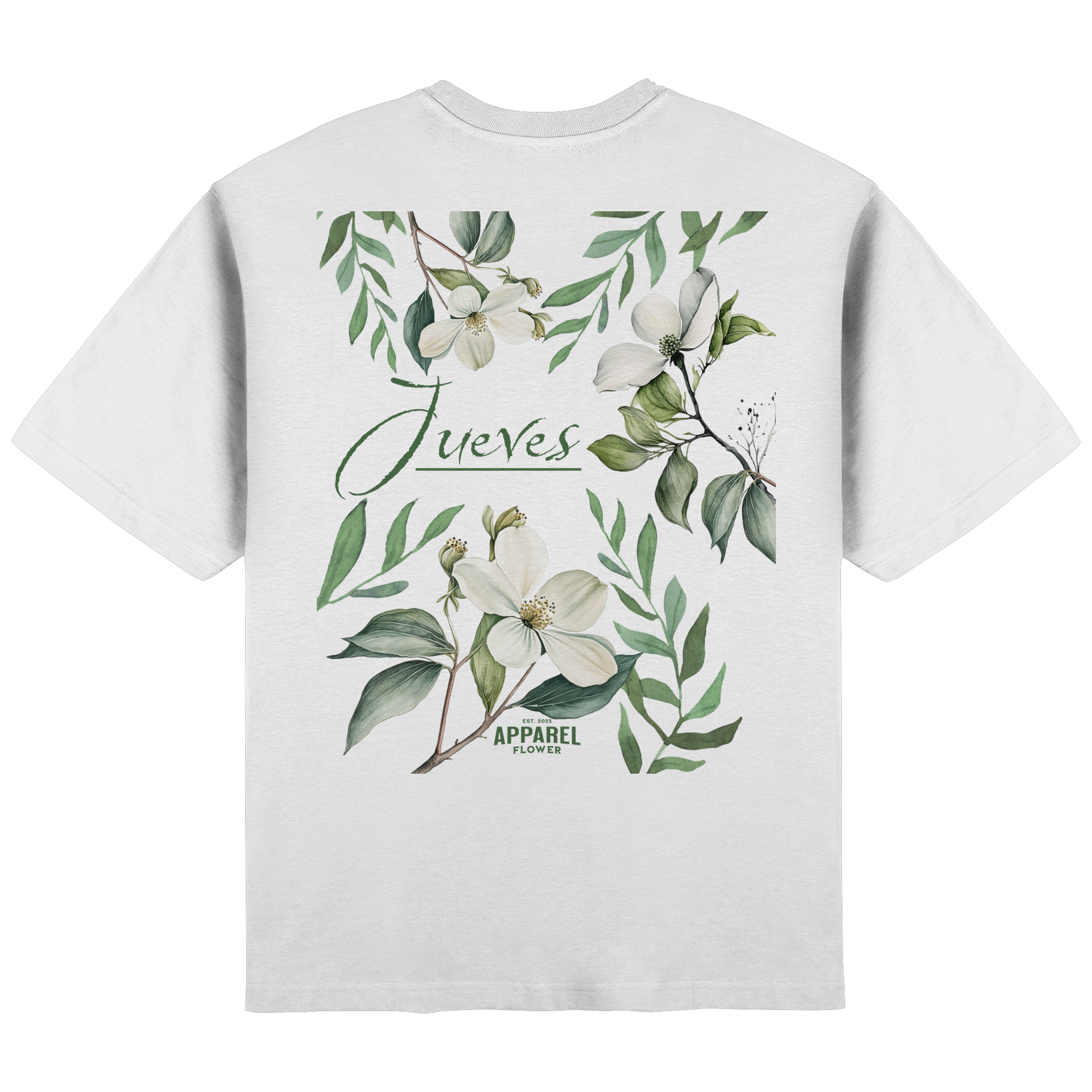 Rückansicht des weißen Oversized T-Shirts von Jueves Apparel mit Rückendruck – urbaner Streetwear-Look aus 100 % Baumwolle