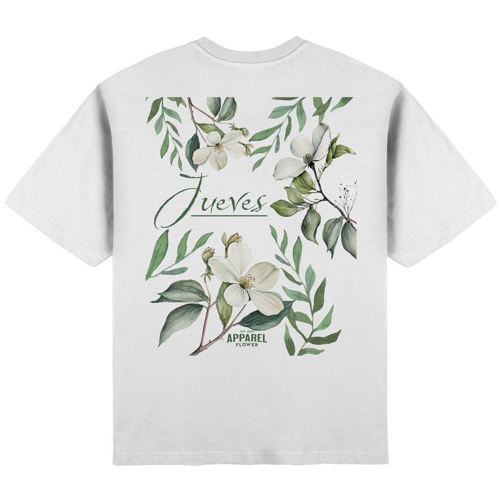 Rückansicht des weißen Oversized T-Shirts von Jueves Apparel mit Rückendruck – urbaner Streetwear-Look aus 100 % Baumwolle