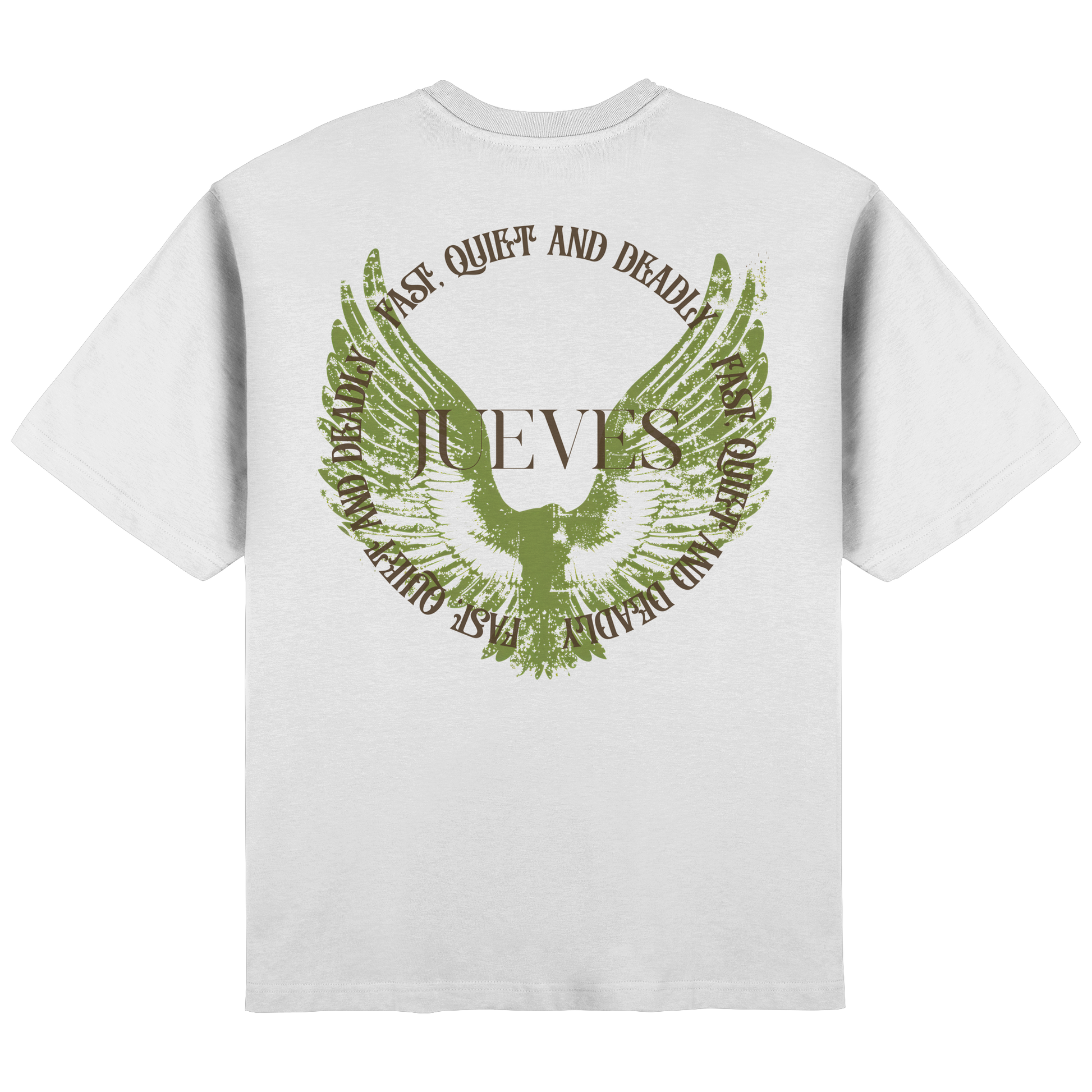 Rückansicht des weißen Oversized T-Shirts von Jueves Apparel mit Rückendruck – urbaner Streetwear-Look aus 100 % Baumwolle