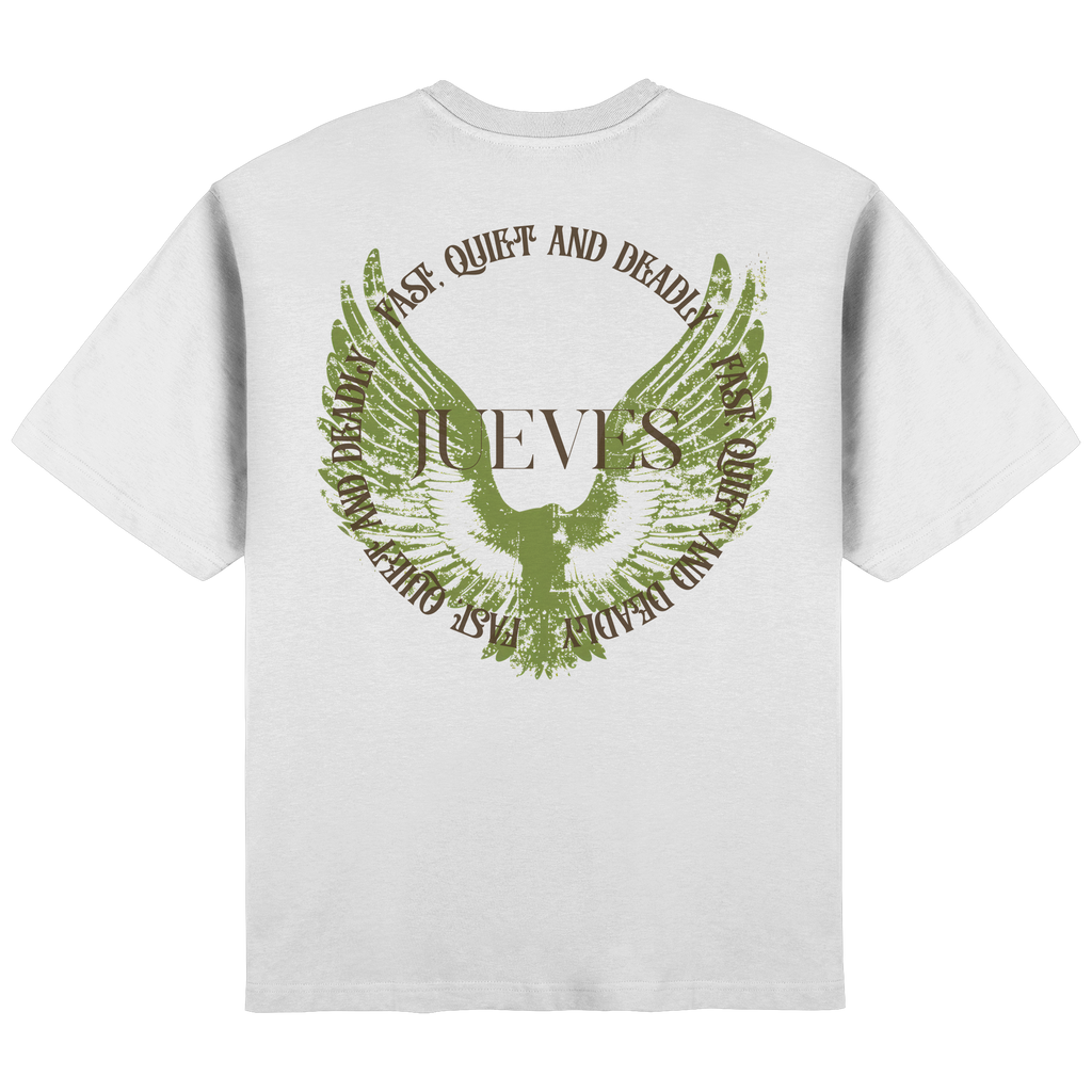 Rückansicht des weißen Oversized T-Shirts von Jueves Apparel mit Rückendruck – urbaner Streetwear-Look aus 100 % Baumwolle