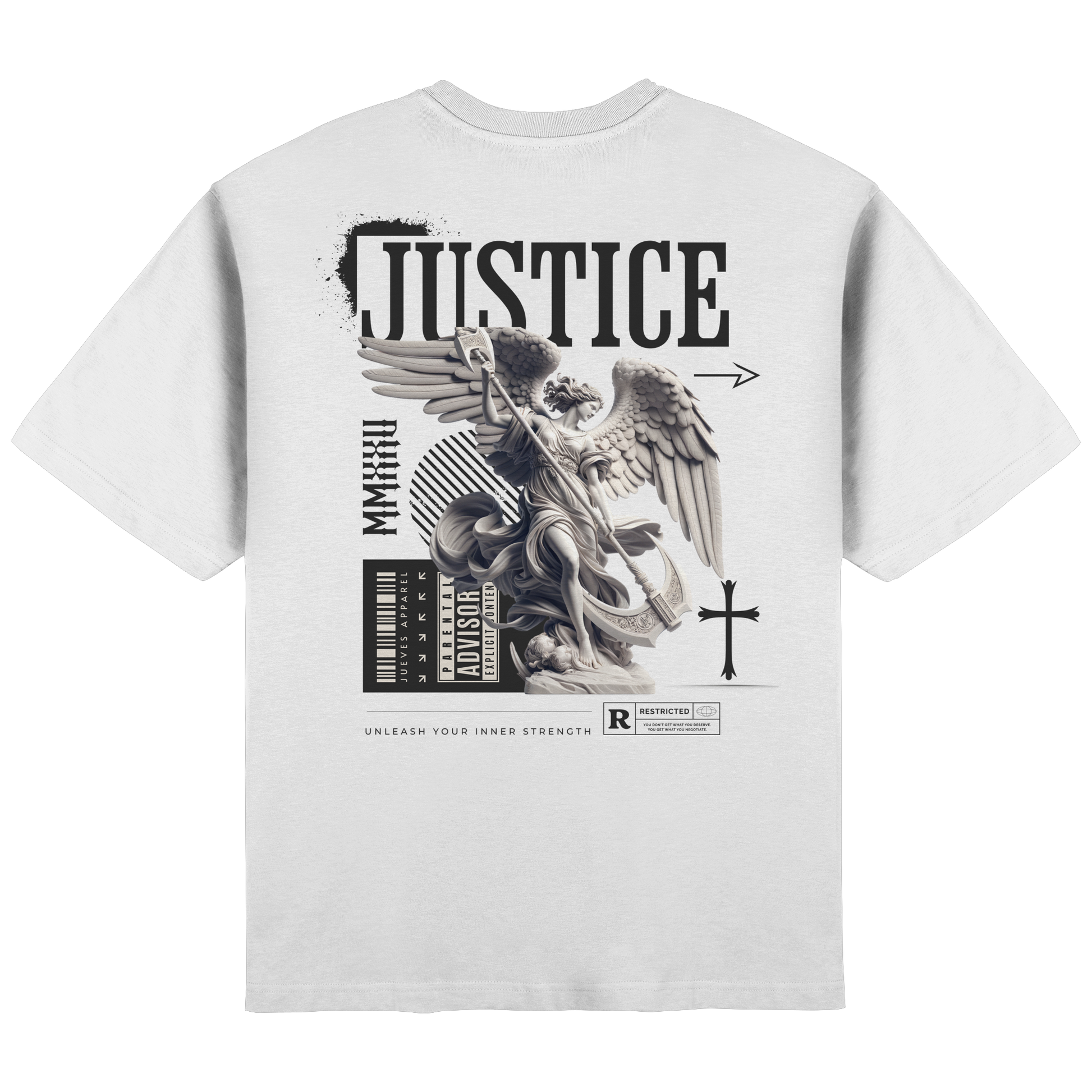 Rückansicht des weißen Oversized T-Shirts von Jueves Apparel mit Rückendruck – urbaner Streetwear-Look aus 100 % Baumwolle