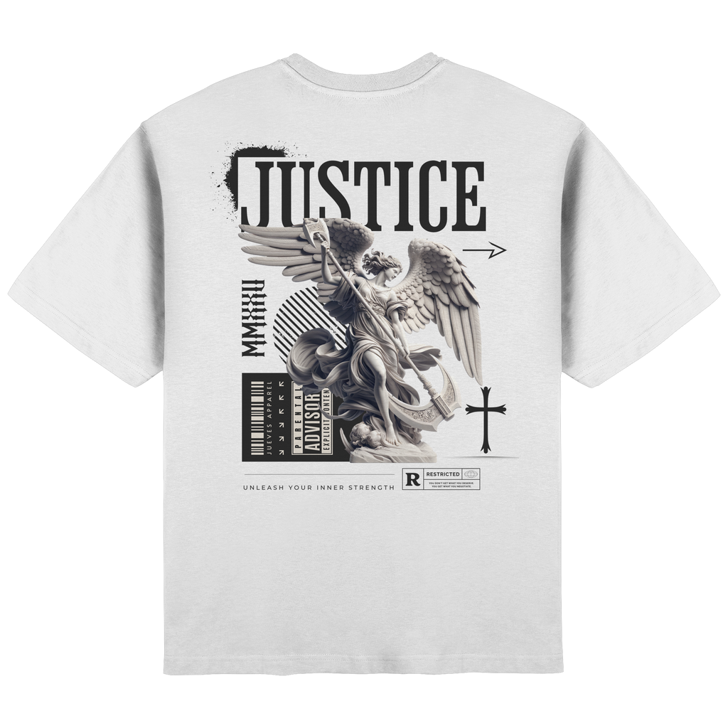 Rückansicht des weißen Oversized T-Shirts von Jueves Apparel mit Rückendruck – urbaner Streetwear-Look aus 100 % Baumwolle