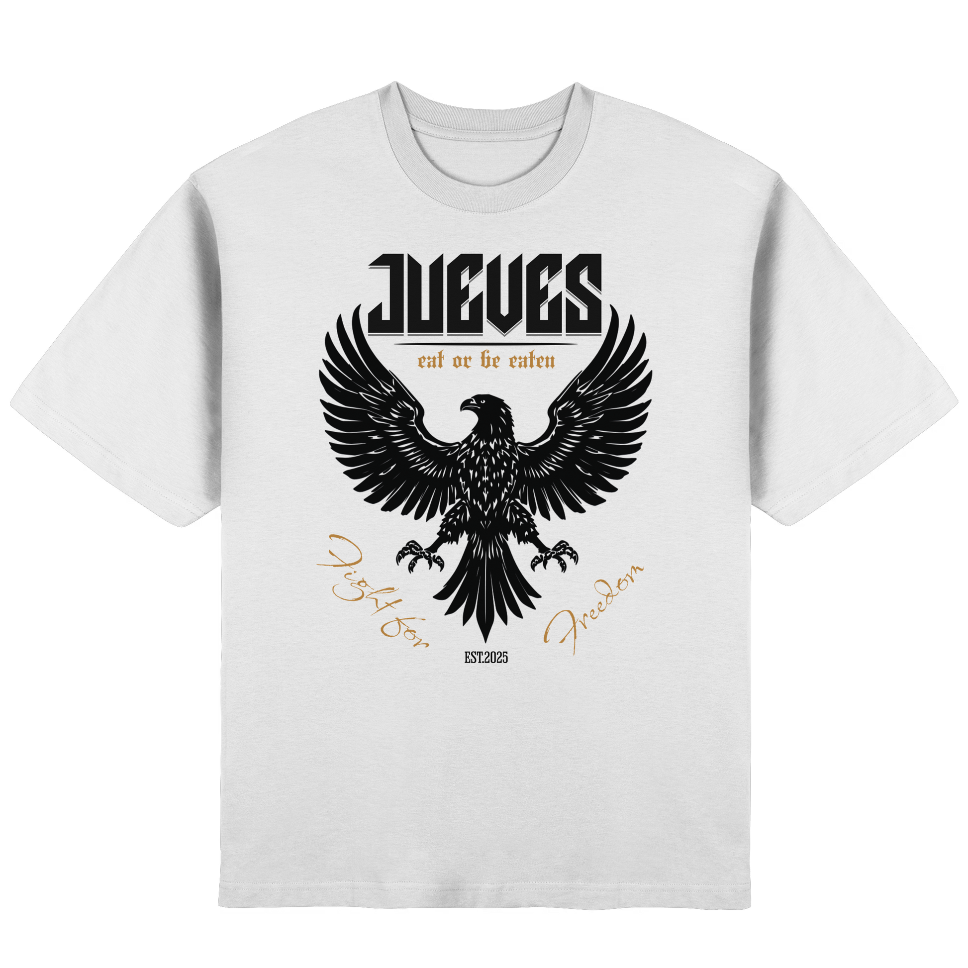 Frontansicht des weißen Oversized T-Shirts von Jueves Apparel mit Brustdruck – urbaner Streetwear-Look aus 100 % Baumwolle