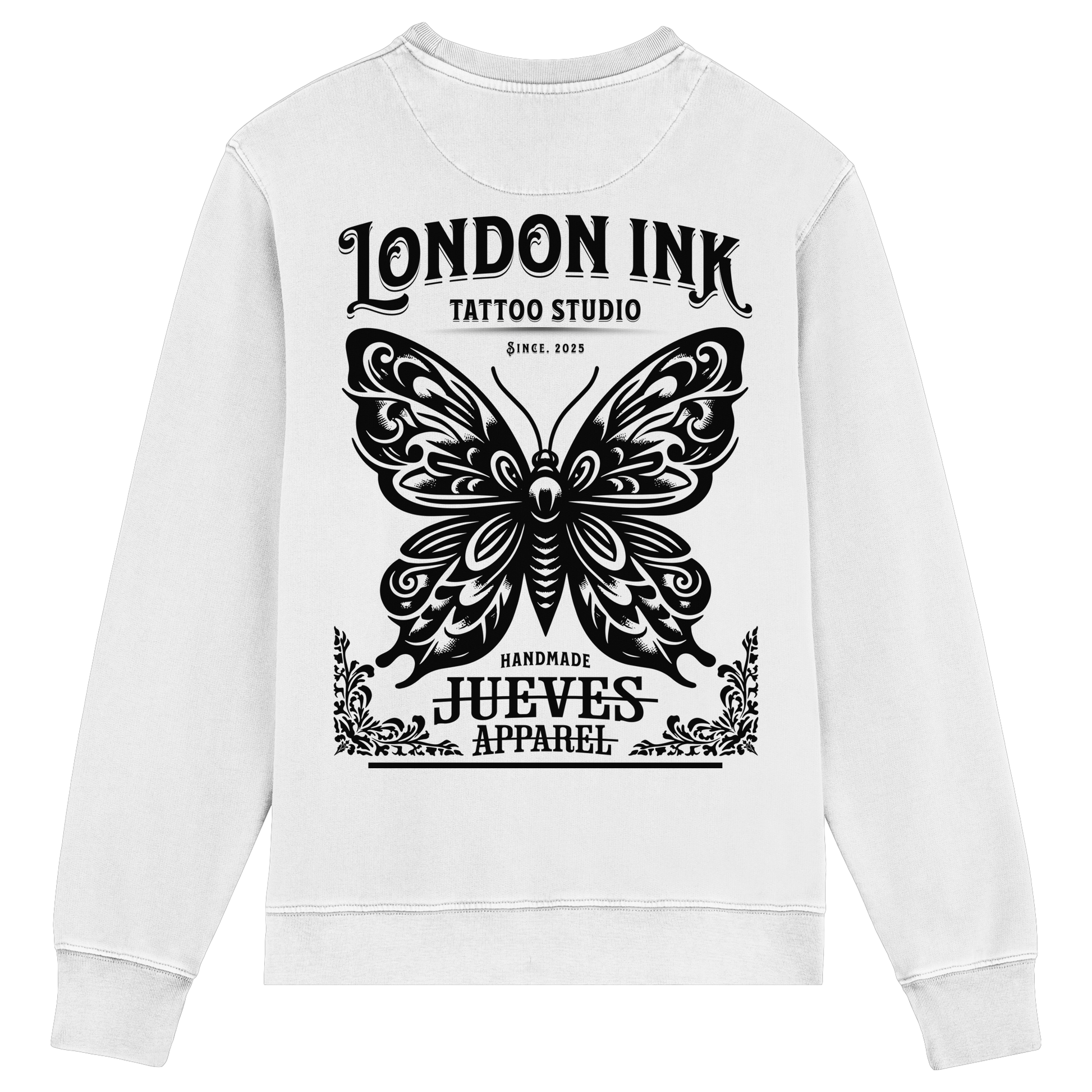 Rückansicht des weißen Classic Sweatshirts von Jueves Apparel mit großem Rückendruck – klassischer Fit aus 85 % Bio-Baumwolle, 15 % Polyester, 300 g/m² Stoffgewicht.