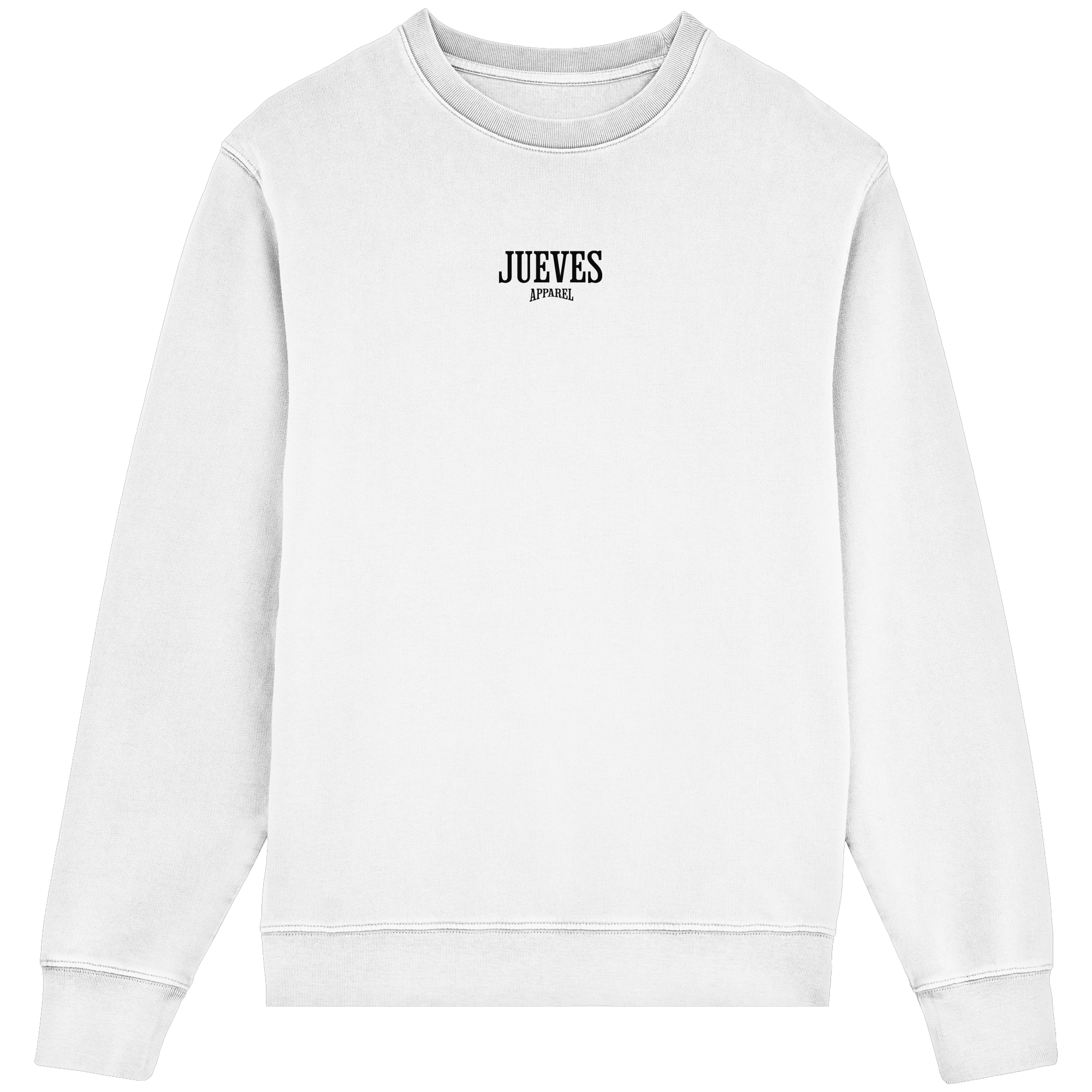 Frontansicht des weißen Classic Sweatshirts von Jueves Apparel im klassischen Schnitt – auffälliges Design vorne, Brustdruck 85 % Bio-Baumwolle, 15 % Polyester.