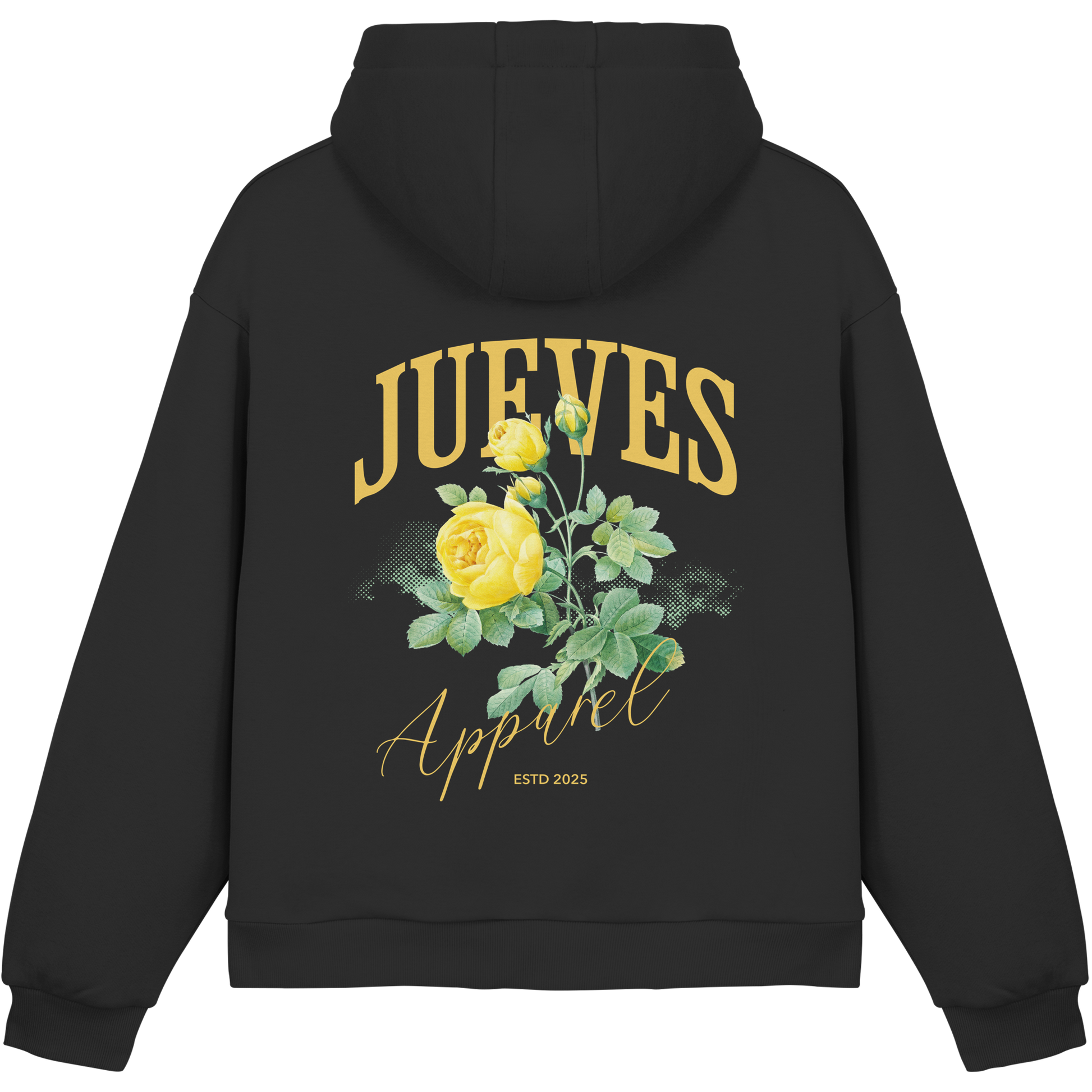 Fluffy Boxcut Hoodie „Yellow Rose“ in Black von Jueves Apparel aus 70% Baumwolle und 30% Polyester – auffälliger Rückendruck Rosendesign, moderner Urban Streetwear-Look.