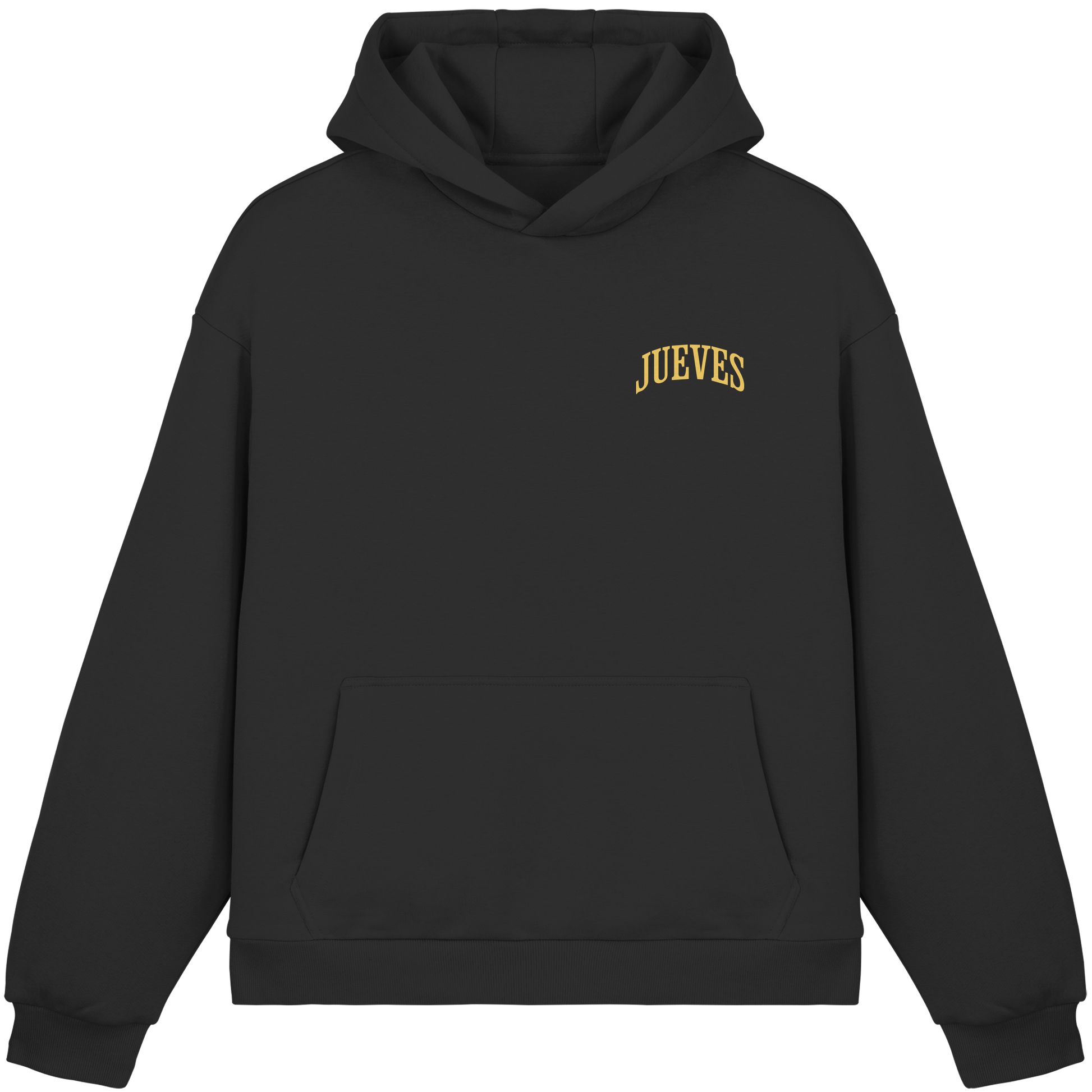 Fluffy Boxcut Hoodie „Yellow Rose“ in Black von Jueves Apparel aus 70% Baumwolle und 30% Polyester – auffälliger Brustdruck als Schriftzug, moderner Urban Streetwear-Look.