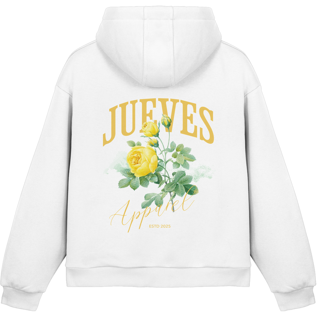 Fluffy Boxcut Hoodie „Yellow Rose“ in White von Jueves Apparel aus 70% Baumwolle und 30% Polyester – auffälliger Rückendruck Rosendesign, moderner Urban Streetwear-Look.