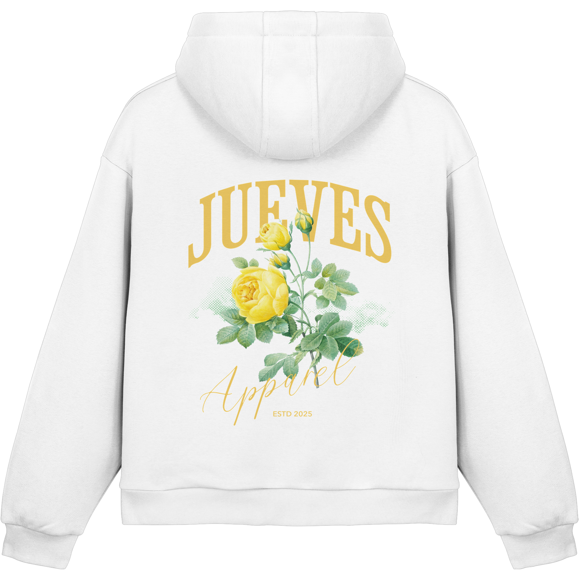 Fluffy Boxcut Hoodie „Yellow Rose“ in White von Jueves Apparel aus 70% Baumwolle und 30% Polyester – auffälliger Rückendruck Rosendesign, moderner Urban Streetwear-Look.