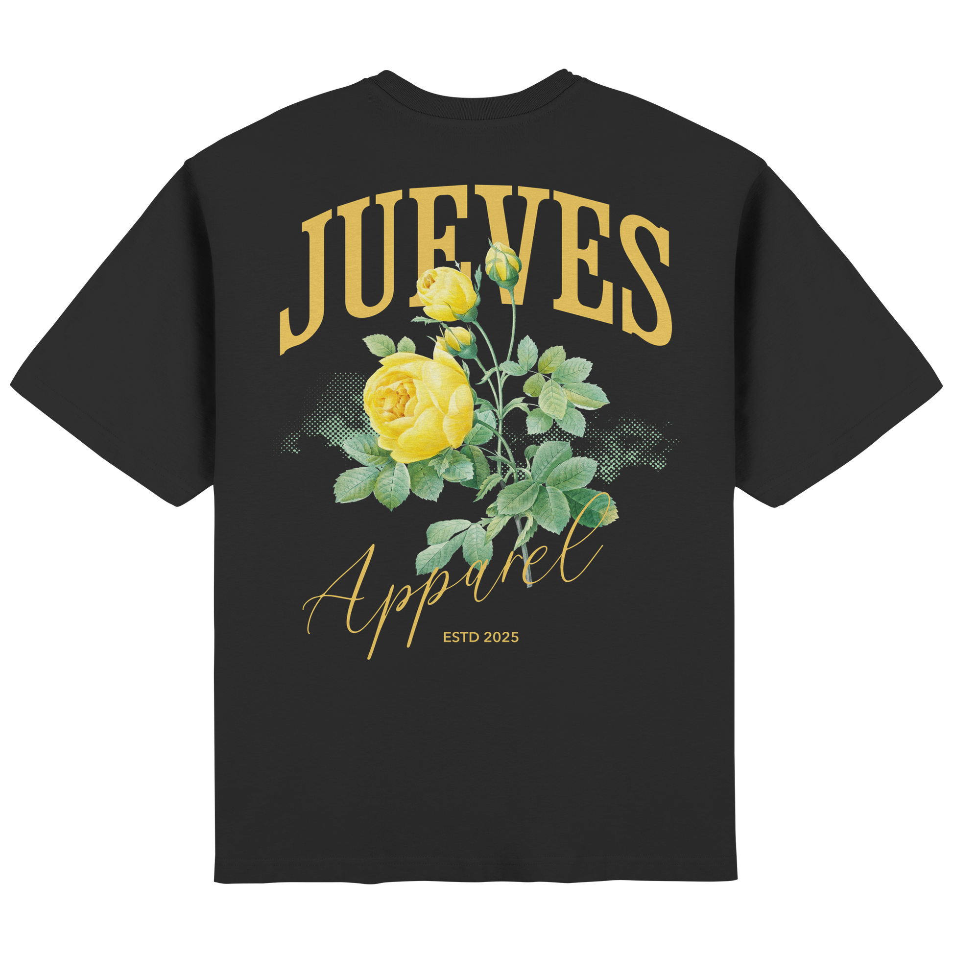 Streetwear Oversized T-Shirt „Yellow Rose“ in Black von Jueves Apparel aus 100 % Baumwolle – auffälliger Rückendruck Rosendesign, moderner Urban Streetstyle-Look.