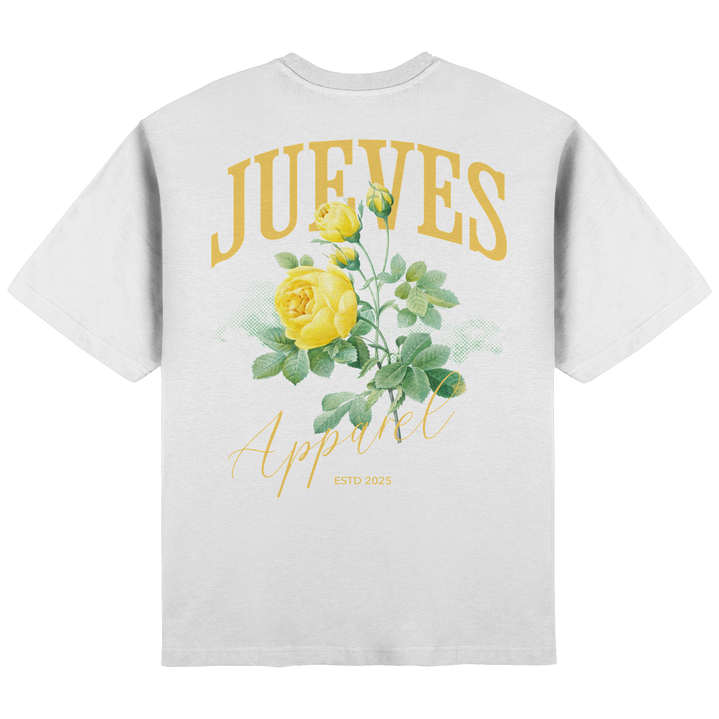 Streetwear Oversized T-Shirt „Yellow Rose“ in White von Jueves Apparel aus 100 % Baumwolle – auffälliger Rückendruck Rosendesign, moderner Urban Streetstyle-Look.