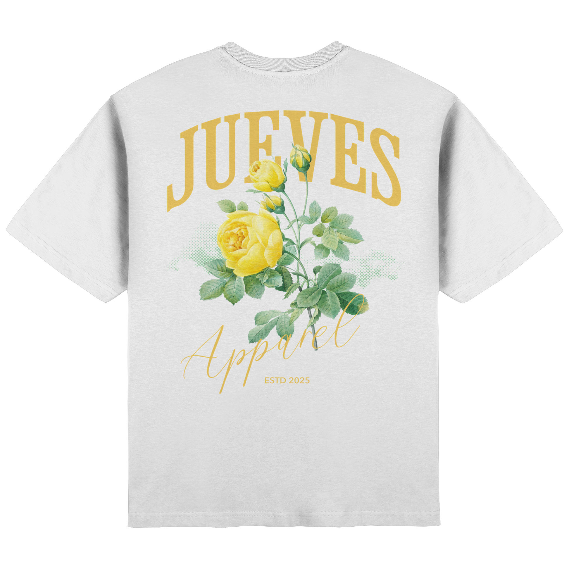 Streetwear Oversized T-Shirt „Yellow Rose“ in White von Jueves Apparel aus 100 % Baumwolle – auffälliger Rückendruck Rosendesign, moderner Urban Streetstyle-Look.